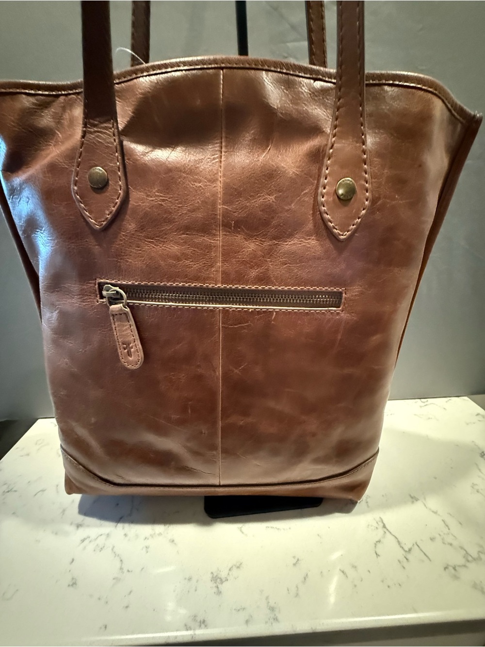 Frye Woven Leather Shoulder Tote in Cognac Brown with Tassel - Picture 7 of 14